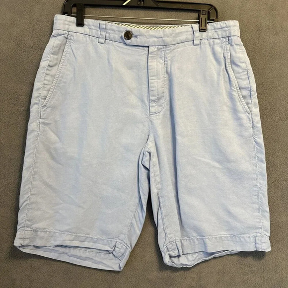 Brooks Brothers Bermuda Shorts Baird McNutt Irish Linen Blend Size 33 Solid Blue - Picture 1 of 9